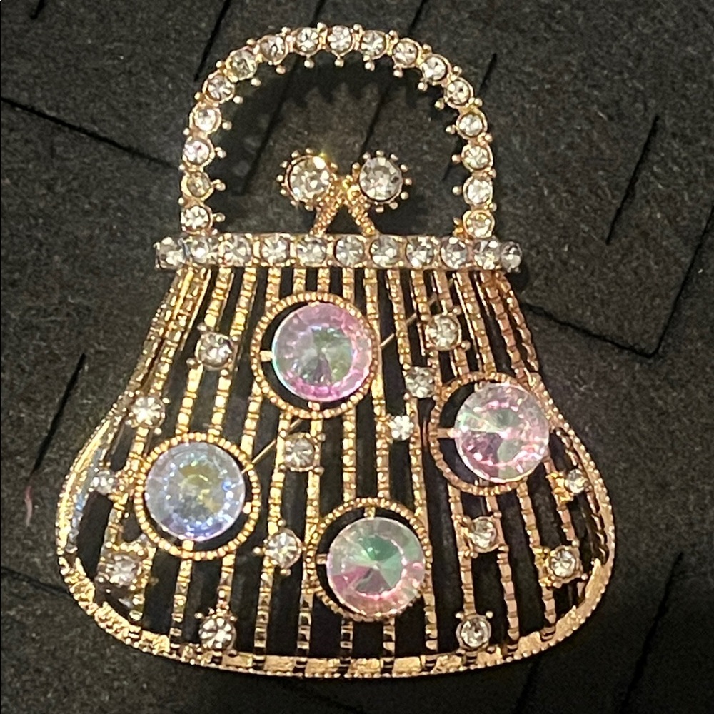 Gold-Tone Crystal Purse Brooch — Iridescent Accents